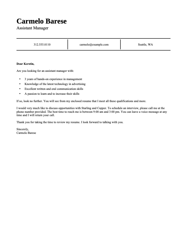Classic management cover letter